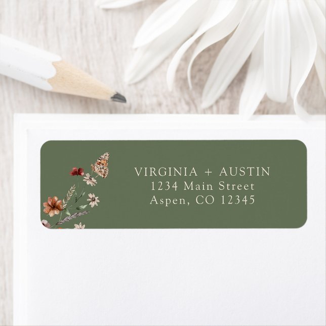 Green Wedding Return Address Label (Boho Sage Green Wedding Return Address Label with Butterfly by Painted Paperie
)