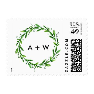 Green wedding stamp Summer greenery wreath postage stamps at UniqueRusticWeddingInvitations.com