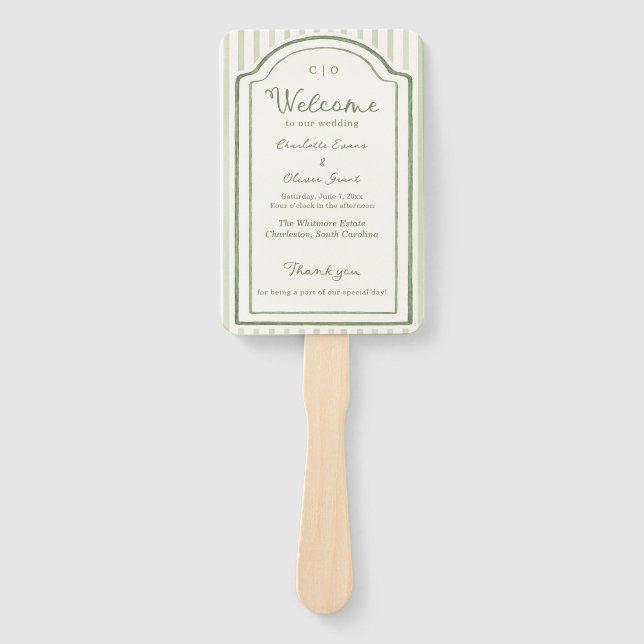 Green Wedding Striped Program Hand Fan (Front)