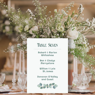 Green Wedding Table Number List of Names