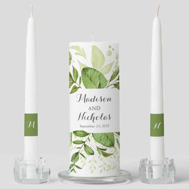 Green Wedding Unity Candle Set, Rustic Greenery