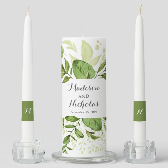 Green Wedding Unity Candle Set, Rustic Greenery (Front)