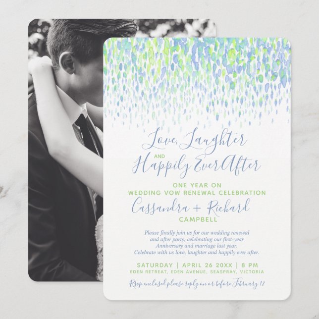 Green wedding vow renewal 1 year on happily after invitation (Front/Back)