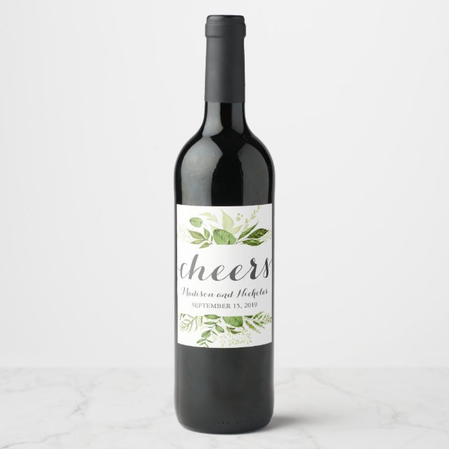 Green Wedding Wine Labels, Rustic Greenery Wine Label (Front)