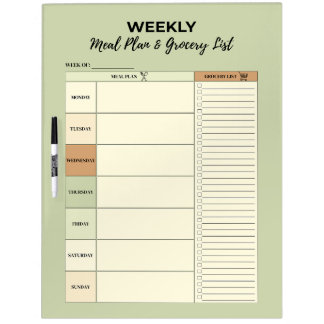Green Weekly Meal Plan & Grocery List - Dry Erase Board