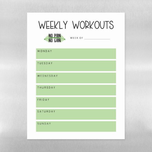 Green Weekly Workout Planner No Pain No Gain Magnetic Dry Erase Sheet