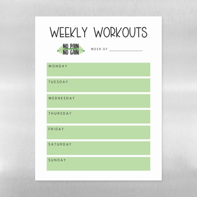 Green Weekly Workout Planner No Pain No Gain Magnetic Dry Erase Sheet (Vertical)