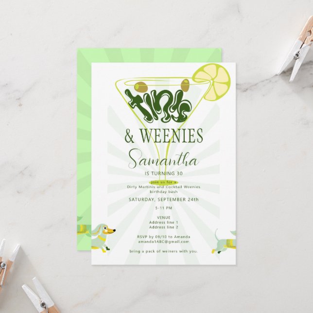 Green Weenies & Tinis Funny Martini Birthday Party Invitation (Front/Back In Situ)