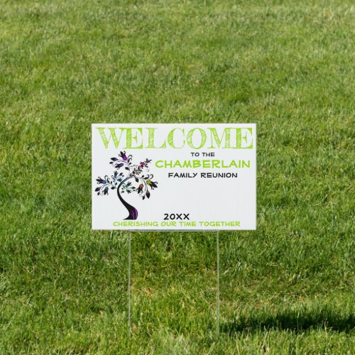 Green Welcome Family Reunion Modern Floral Tree Sign