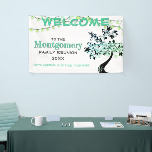 Green Welcome Family Reunion Tree Firefly Lights Banner