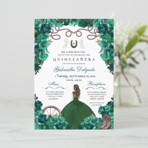 Green Western Charra Girl Ranchero Quinceanera Invitation