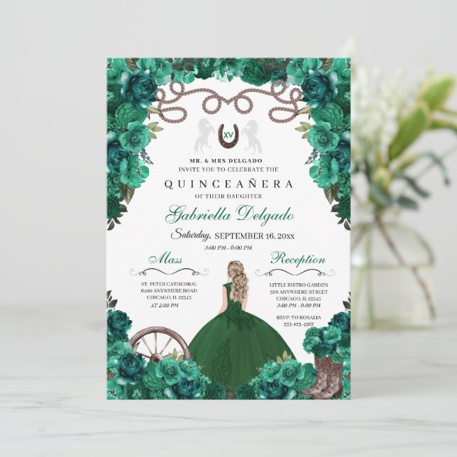 Green Western Charra Girl Ranchero Quinceanera Invitation (Standing Front)