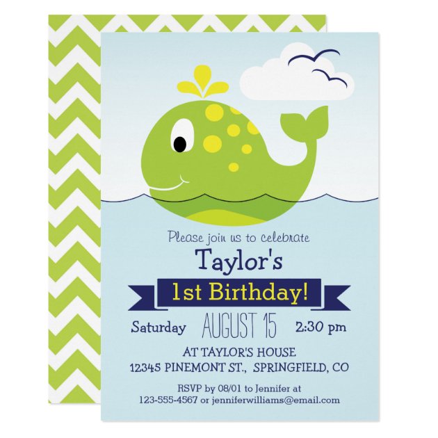 Green Whale Birthday Party Invitation