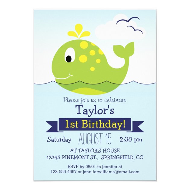 Green Whale Birthday Party Invitation