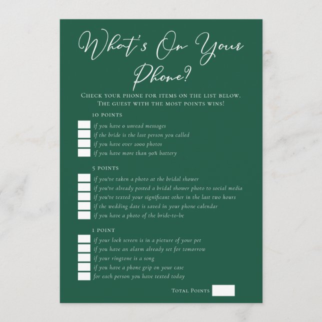 Green What's On Your Phone Bridal Shower Card (Front)