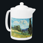 Green Wheat Field  Vincent van Gogh  Teapot<br><div class="desc">Green Wheat Field with Cypress. Vincent van Gogh. Cute summer landscape. There is a house on a green field. There is a tree growing next to the house. There is tall grass on the field. Clouds are running across the blue sky. Reproduction of famous works of art images in the...</div>
