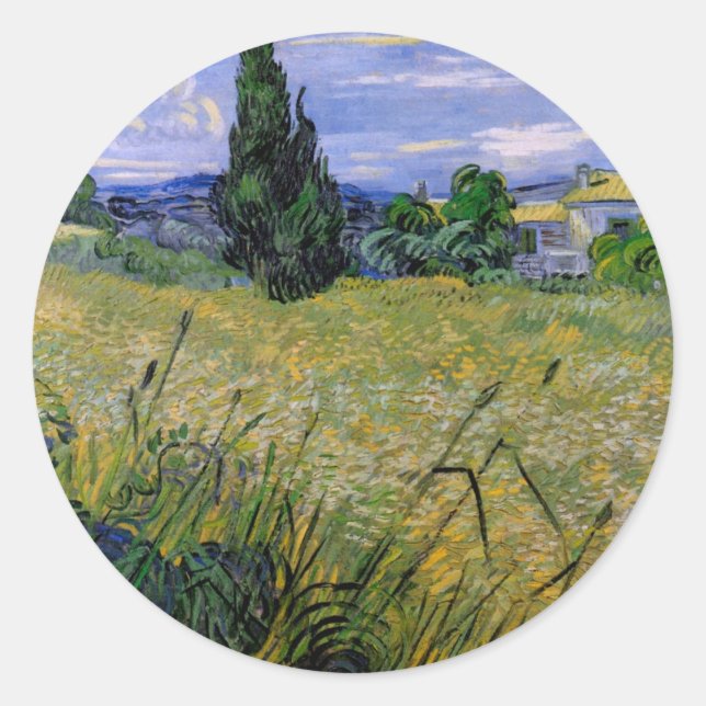 Green Wheat Field with Cypress by Vincent van Gogh Classic Round Sticker (Front)