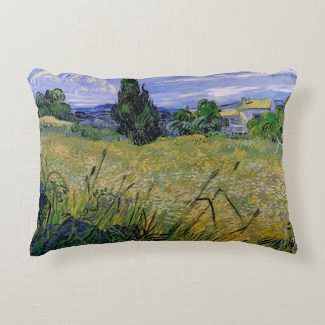 Green Wheat Field with Cypress by Vincent van Gogh Decorative Pillow (Front)