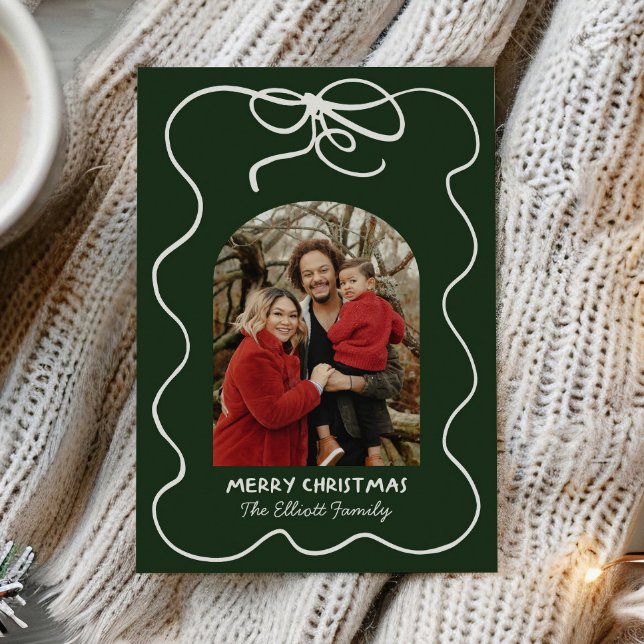 Green Whimsical Bow Frame Photo Arch Christmas Holiday Card (Creator Uploaded)