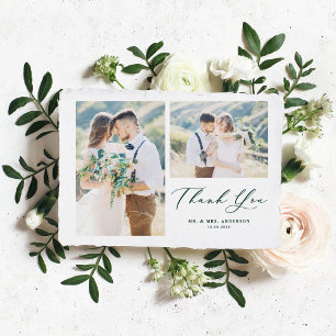 Green Whimsical Calligraphy Photo Collage Wedding Thank You Card