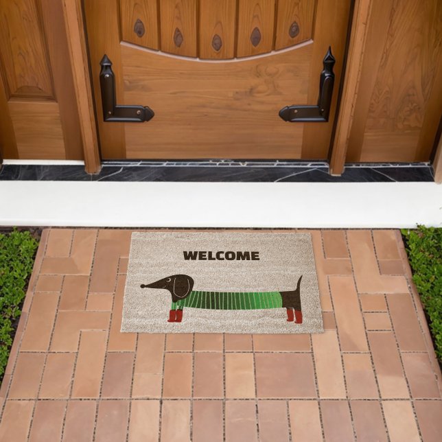 Green Whimsical Dachshund Fiber Doormat (Insitu (Outdoor))