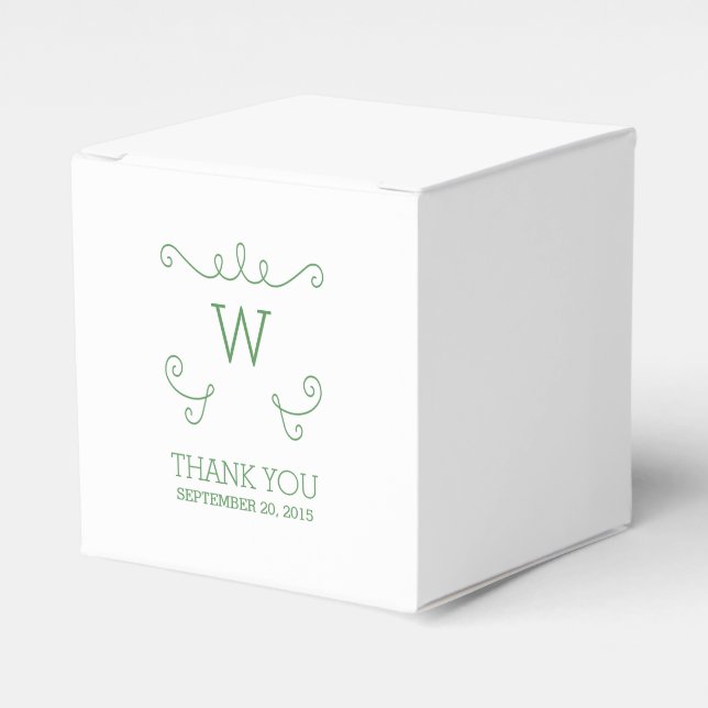 Green Whimsical Flourish Monogram Favor Boxes (Front Side)
