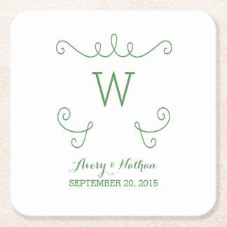 Green Whimsical Flourish Monogram Paper Coasters