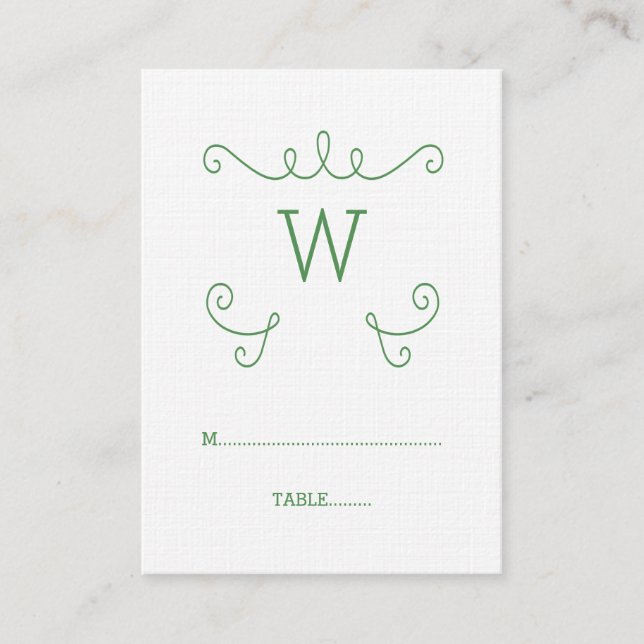 Green Whimsical Flourish Monogram Place Card (Front)