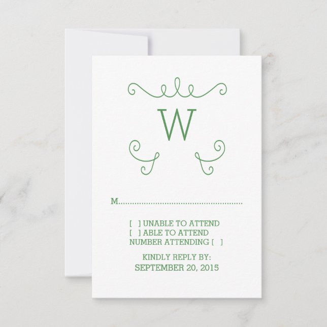 Green Whimsical Flourish Monogram RSVP Card (Front)