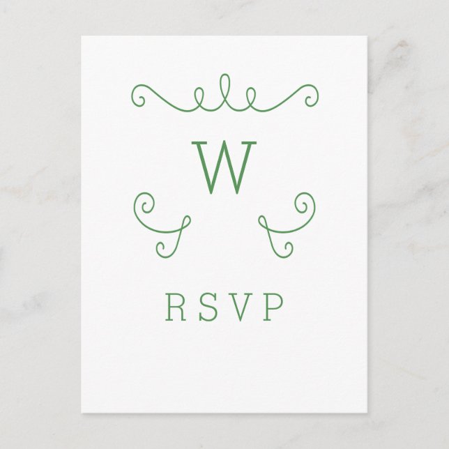 Green Whimsical Flourish Monogram RSVP Postcard (Front)