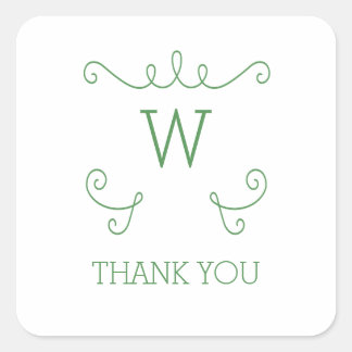 Green Whimsical Flourish Monogram Thank You Square Sticker