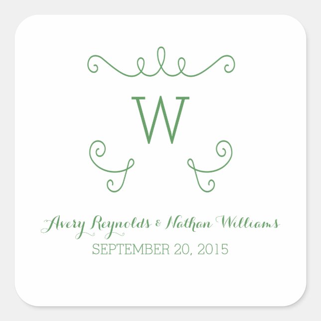 Green Whimsical Flourish Monogram Wedding Stickers (Front)