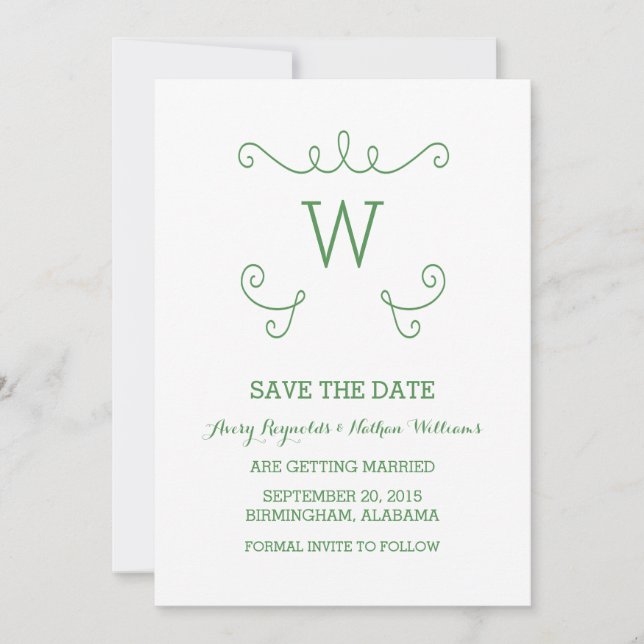Green Whimsical Flourish Save the Date Invite (Front)