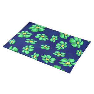 Green Whimsical Flowers Daisies on Blue Background Cloth Placemat