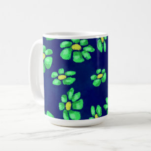 Green Whimsical Flowers Daisies on Blue Background Coffee Mug