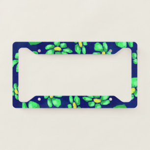 Green Whimsical Flowers Daisies on Blue Background License Plate Frame