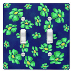 Green Whimsical Flowers Daisies on Blue Background Light Switch Cover