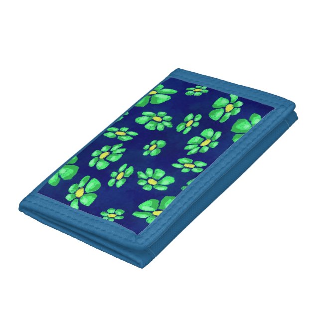 Green Whimsical Flowers Daisies on Blue Background Trifold Wallet (Bottom)