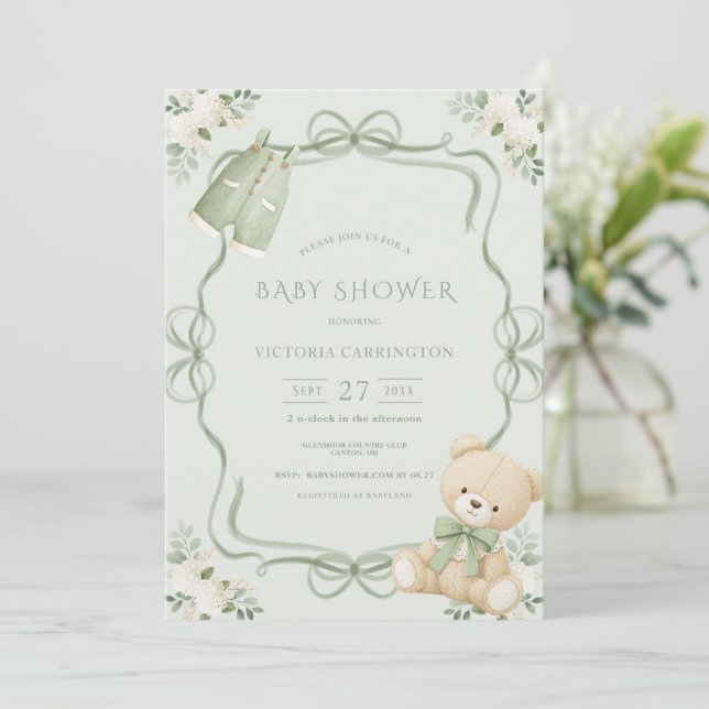 Green Whimsical Frame Vintage Bear  Invitation (Standing Front)