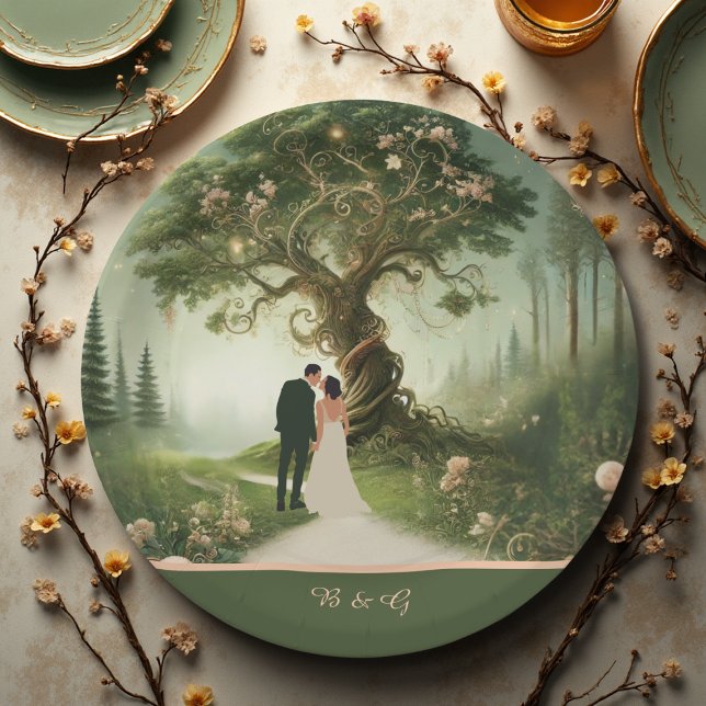 green Whimsical Medieval Forest Wedding Paper Plates (Creator Uploaded)