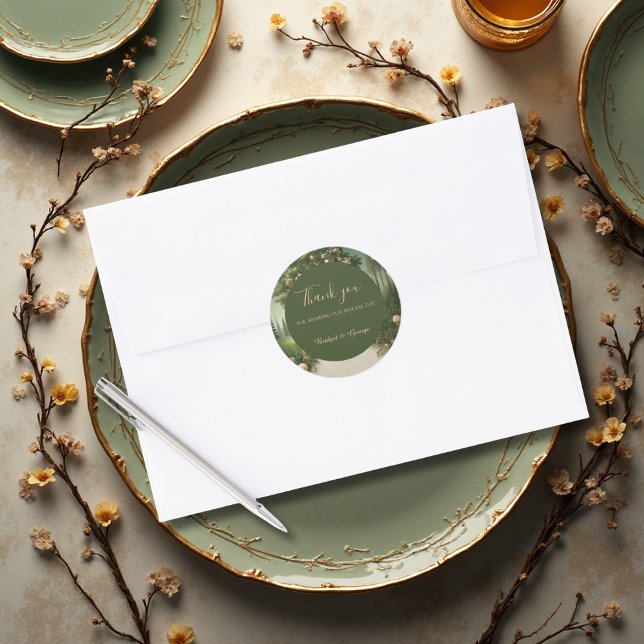 green Whimsical Medieval Forest Wedding thank you  Classic Round Sticker (Creator Uploaded)