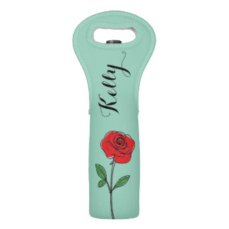 Green Whimsical Sketched Red Rose Wine Bag