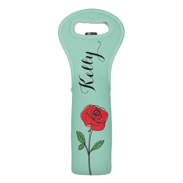Green Whimsical Sketched Red Rose Wine Bag (Front)