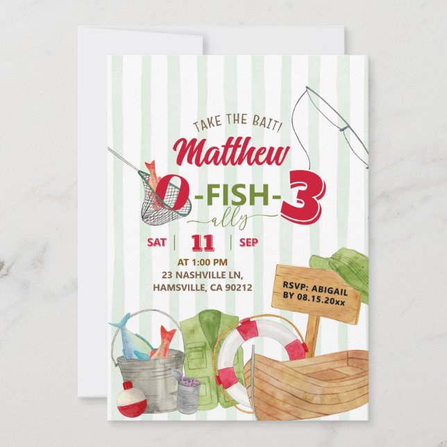 Green Whimsical Stripes Boy Fishing Birthday Invitation (Front)