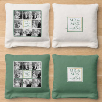 Green white Εight wedding photo collage Mr and Mrs Cornhole Bags