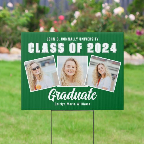 Green White 2024 Graduation Photo Collage Yard Sign