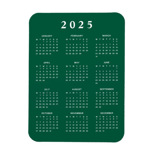 Green White 2025 Monthly Calendar Magnet (Vertical)