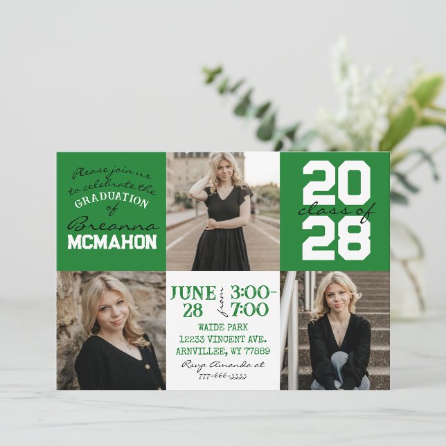 Green & White 3 Photo Graduation Invitation (Creator Uploaded)