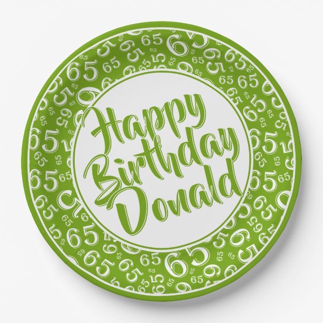 Green/White 65th Random Number Pattern Paper Plates (Front)