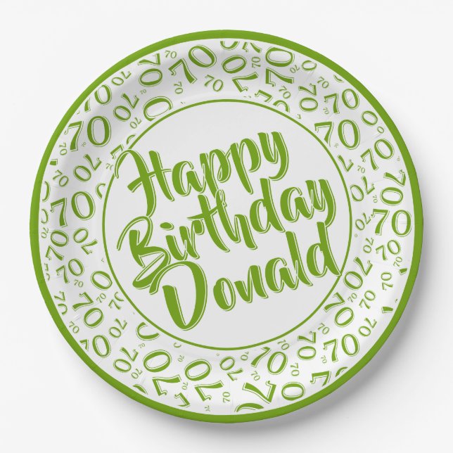 Green/White 70th Random Number Pattern Paper Plates (Front)